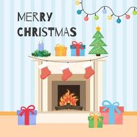 Kerstmis haard met sokken, decoraties, geschenk dozen en Kerstmis boom. schattig vlak stijl. vector