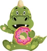 groen draak is aan het eten donut, illustratie, vector Aan wit achtergrond.