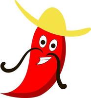 rood chili peper met hoed en snor, illustratie, vector Aan wit achtergrond.