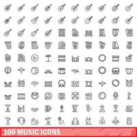 100 muziek iconen set, Kaderstijl vector