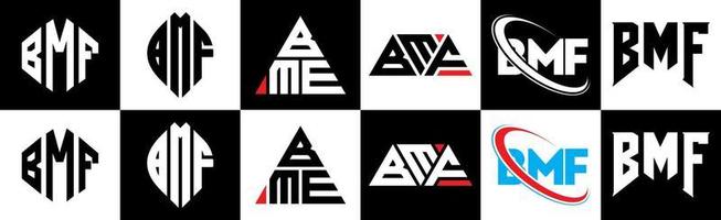 bmf brief logo ontwerp in zes stijl. bmf veelhoek, cirkel, driehoek, zeshoek, vlak en gemakkelijk stijl met zwart en wit kleur variatie brief logo reeks in een tekengebied. bmf minimalistische en klassiek logo vector