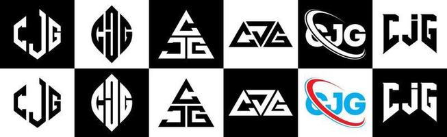 cjg brief logo ontwerp in zes stijl. cjg veelhoek, cirkel, driehoek, zeshoek, vlak en gemakkelijk stijl met zwart en wit kleur variatie brief logo reeks in een tekengebied. cjg minimalistische en klassiek logo vector