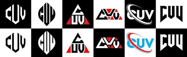 cuv brief logo ontwerp in zes stijl. cuv veelhoek, cirkel, driehoek, zeshoek, vlak en gemakkelijk stijl met zwart en wit kleur variatie brief logo reeks in een tekengebied. cuv minimalistische en klassiek logo vector