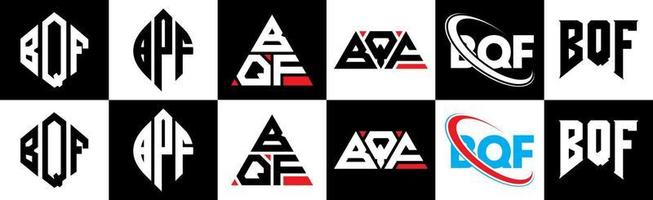bqf brief logo ontwerp in zes stijl. bqf veelhoek, cirkel, driehoek, zeshoek, vlak en gemakkelijk stijl met zwart en wit kleur variatie brief logo reeks in een tekengebied. bqf minimalistische en klassiek logo vector