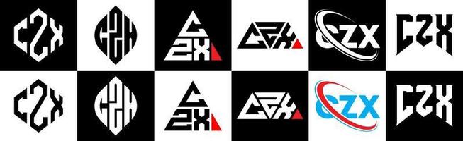 czx brief logo ontwerp in zes stijl. czx veelhoek, cirkel, driehoek, zeshoek, vlak en gemakkelijk stijl met zwart en wit kleur variatie brief logo reeks in een tekengebied. czx minimalistische en klassiek logo vector