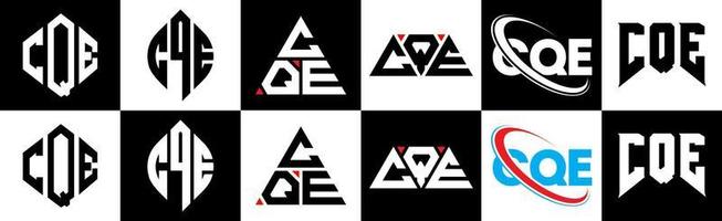 cqe brief logo ontwerp in zes stijl. cqe veelhoek, cirkel, driehoek, zeshoek, vlak en gemakkelijk stijl met zwart en wit kleur variatie brief logo reeks in een tekengebied. cqe minimalistische en klassiek logo vector