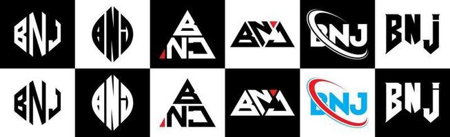 bnj brief logo ontwerp in zes stijl. bnj veelhoek, cirkel, driehoek, zeshoek, vlak en gemakkelijk stijl met zwart en wit kleur variatie brief logo reeks in een tekengebied. bnj minimalistische en klassiek logo vector