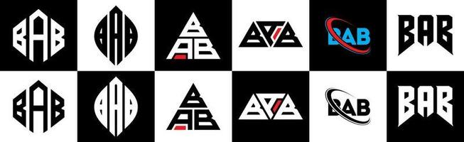 bab brief logo ontwerp in zes stijl. bab veelhoek, cirkel, driehoek, zeshoek, vlak en gemakkelijk stijl met zwart en wit kleur variatie brief logo reeks in een tekengebied. bab minimalistische en klassiek logo vector