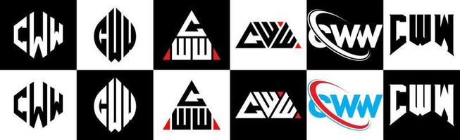 cww brief logo ontwerp in zes stijl. cww veelhoek, cirkel, driehoek, zeshoek, vlak en gemakkelijk stijl met zwart en wit kleur variatie brief logo reeks in een tekengebied. cww minimalistische en klassiek logo vector