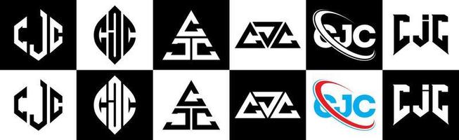 cjc brief logo ontwerp in zes stijl. cjc veelhoek, cirkel, driehoek, zeshoek, vlak en gemakkelijk stijl met zwart en wit kleur variatie brief logo reeks in een tekengebied. cjc minimalistische en klassiek logo vector