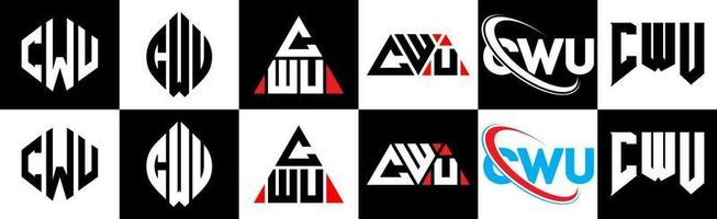 cwu brief logo ontwerp in zes stijl. cwu veelhoek, cirkel, driehoek, zeshoek, vlak en gemakkelijk stijl met zwart en wit kleur variatie brief logo reeks in een tekengebied. cwu minimalistische en klassiek logo vector