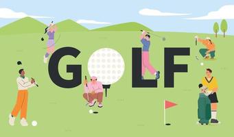 veel mensen zijn spelen golf Aan de golf veld. vlak vector illustratie.