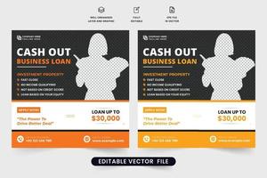 bedrijf lening sociaal media post vector met oranje en geel kleuren. modern bank lening advertentie sjabloon met laagste interesseren onderhoud. persoonlijk lening promotionele web banier ontwerp voor bankieren.