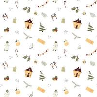 Kerstmis naadloos patroon met feestelijk ontwerp elementen. Kerstmis boom, schattig versierd huis, sneeuwman, kaars, bloemen illustraties. herhaling nieuw jaar structuur geïsoleerd Aan wit achtergrond vector