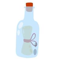 bericht in fles. brief en piraat Opmerking. blauw glas. vector