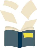 Open boek. blauw omslag. vliegend papier Pagina's. onderwijs en lezing. hobby's en opleiding. tekenfilm vlak illustratie geïsoleerd Aan wit vector
