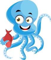 Octopus Holding rood vis, illustratie, vector Aan wit achtergrond.