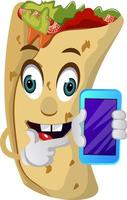 burrito met mobiel telefoon, illustratie, vector Aan wit achtergrond.