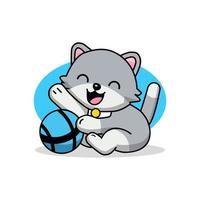 schattig weinig katje met blauw bal logo tekenfilm hand- trek karakter vector kunst illustratie