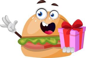 hamburger met verjaardag Cadeau, illustratie, vector Aan wit achtergrond.