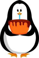 pinguïn Holding taart, illustratie, vector Aan wit achtergrond.