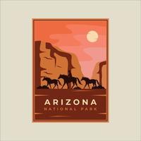 cowboy Aan paard minimalistische wijnoogst poster illustratie sjabloon grafisch ontwerp. Arizona nationaal park met bergen en woestijn concept voor reizen of toerisme bedrijf vector