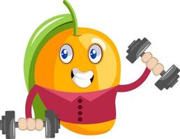 mango training met gewichten, illustratie, vector Aan wit achtergrond.