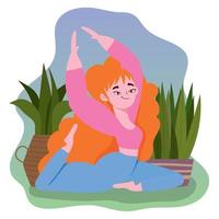 online yoga, ontspannende vrouw yoga houding tekenfilm vector