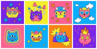 een reeks van hippie katten. hallucinogeen helder gezichten. retro stickers in de stijl van raves van de jaren 70, jaren 60. zuur enthousiast vector