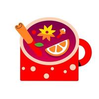 fruit thee in een rood mok. heet overwogen wijn, sangria, stempel voor de menu. winter alcoholisch drinken vector