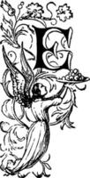 decoratief brief e met engel Holding bord, wijnoogst illustratie vector