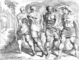 Odysseus geeft zijn wapens naar eumaeus, wijnoogst illustratie. vector