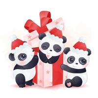 baby panda's spelen met kerst geschenkdoos vector