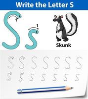 letter s tracing alfabet werkblad met skunk vector