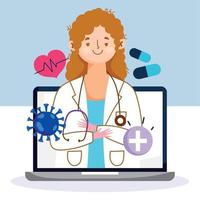 online Gezondheid, vrouw dokter professioneel laptop app raadplegen covid 19 pandemisch vector