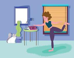 vrouw poseren yoga in kamer met kat werkzaamheid sport oefening Bij huis vector