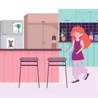 mensen Koken, meisjes met koelkast teller en stoelen in de keuken vector