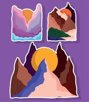 abstract landschap icoon set, bergen heuvels vallei en zon, stijl vector