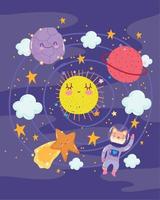schattig kat met astronaut pak planeten ster en zon ruimte avontuur tekenfilm vector