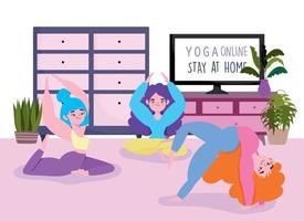 online yoga, jonge vrouwen in de kamer die verschillende vormen van yoga beoefenen vector