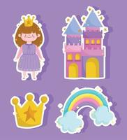 prinses kasteel regenboog en kroon magie stickers pictogrammen vector