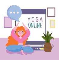online yoga, meisje yoga poseren en meditatie digitaal opleiding vector