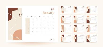 maandelijks muur kalender 2023 sjabloon in modieus minimalistische stijl, Hoes concept, reeks van 12 Pagina's bureau kalender, 2023 minimaal kalender ontwerper ontwerp voor het drukken sjabloon in beige vector