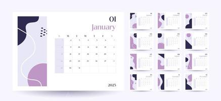 maandelijks muur kalender 2023 sjabloon in modieus minimalistische stijl, Hoes concept, reeks van 12 Pagina's bureau kalender, 2023 minimaal kalender ontwerper ontwerp voor het drukken sjabloon in Purper vector