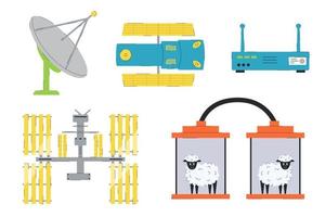 reeks van symbool van wetenschappelijk prestaties van de jaren 90. satelliet gerecht, internet modem, dolly de schaap, ruimte station, telescoop vector