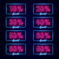 neon korting teken set, 10, 20, 30, 40, 50, 60, 80, 90 procent uit vector