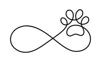 oneindigheid teken met kat of hond poot in doorlopend een lijn tekening logo. minimaal lijn kunst. dier voetafdruk in hart. huisdier liefde concept vector