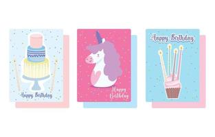 gelukkig verjaardag, schattig eenhoorn koekje en taart met kaarsen tekenfilm viering decoratie kaart vector
