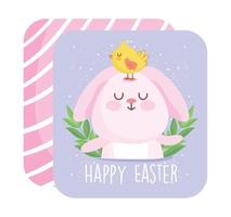 gelukkig Pasen schattig konijn met kip in hoofd tekenfilm vector