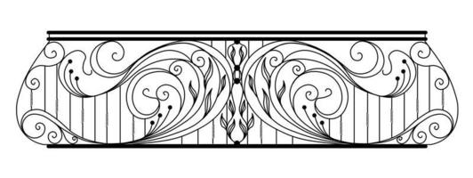 bewerkt ijzer balkon. zwart metaal traliewerk met nagemaakt ornamenten Aan een wit achtergrond. Ingang naar de terras versierd met staal vector. antiek wijnoogst voorwerp van architectuur, facade zwart overwinnaar vector